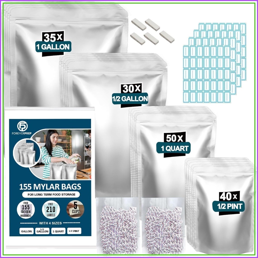 Food Storage For Long Term - 155 Mylar Bags with 155 Oxygen