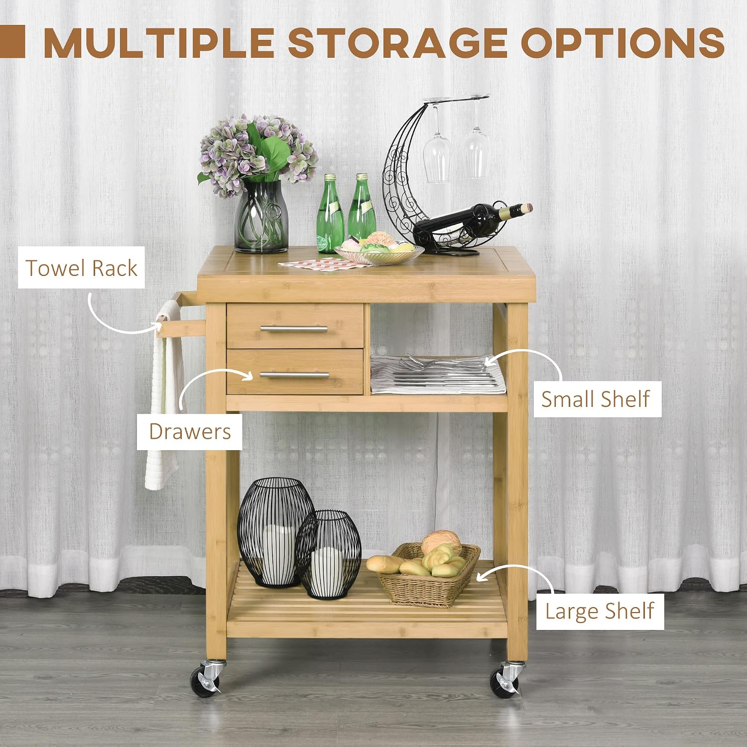 Bamboo Kitchen Island Cart On  - Food Storage On Wheels ulasan dan harga
